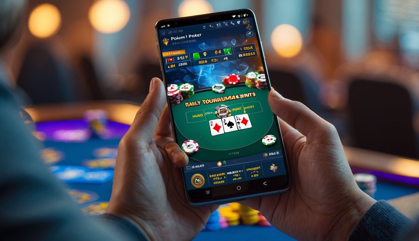 Seseorang memegang ponsel Android yang menampilkan permainan poker online dengan chip dan kartu, suasana kompetitif dan cerah.