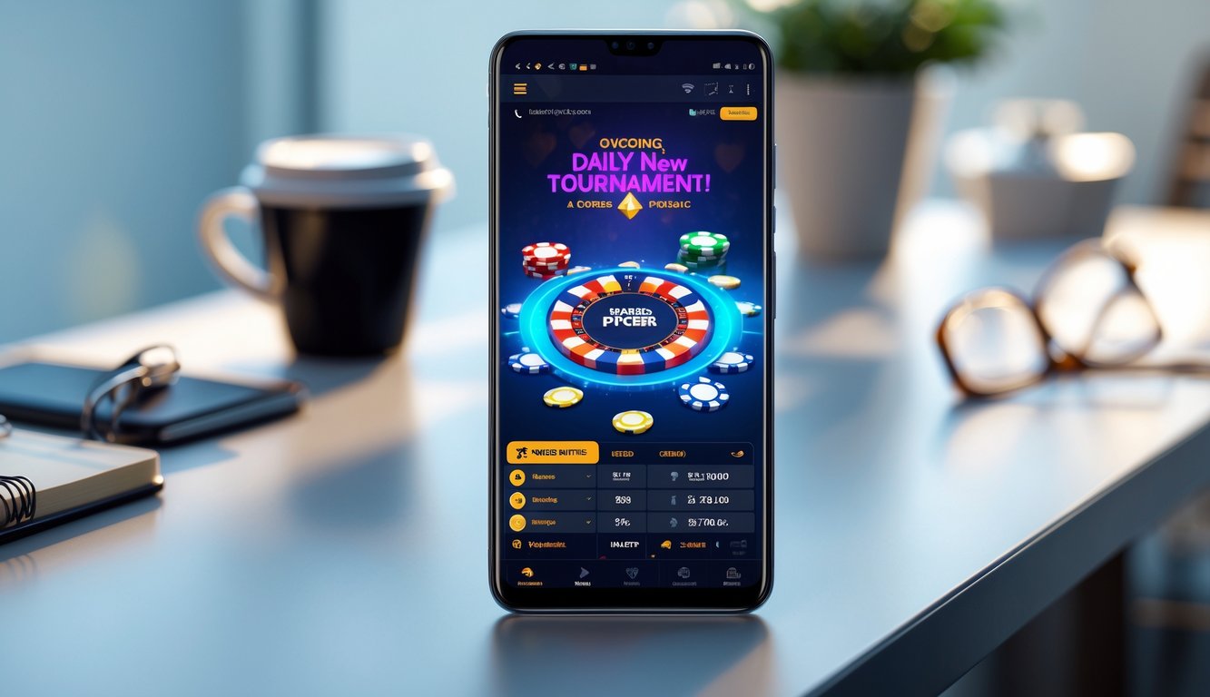 Sebuah ponsel Android menampilkan permainan poker online dengan chip dan kartu di layar, diletakkan di atas meja dengan latar belakang suasana santai.