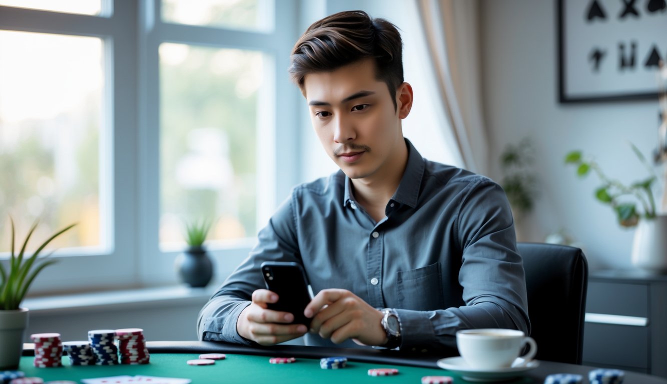 Seorang pria muda duduk di meja dengan ponsel Android, bermain poker online dengan suasana tenang dan fokus.