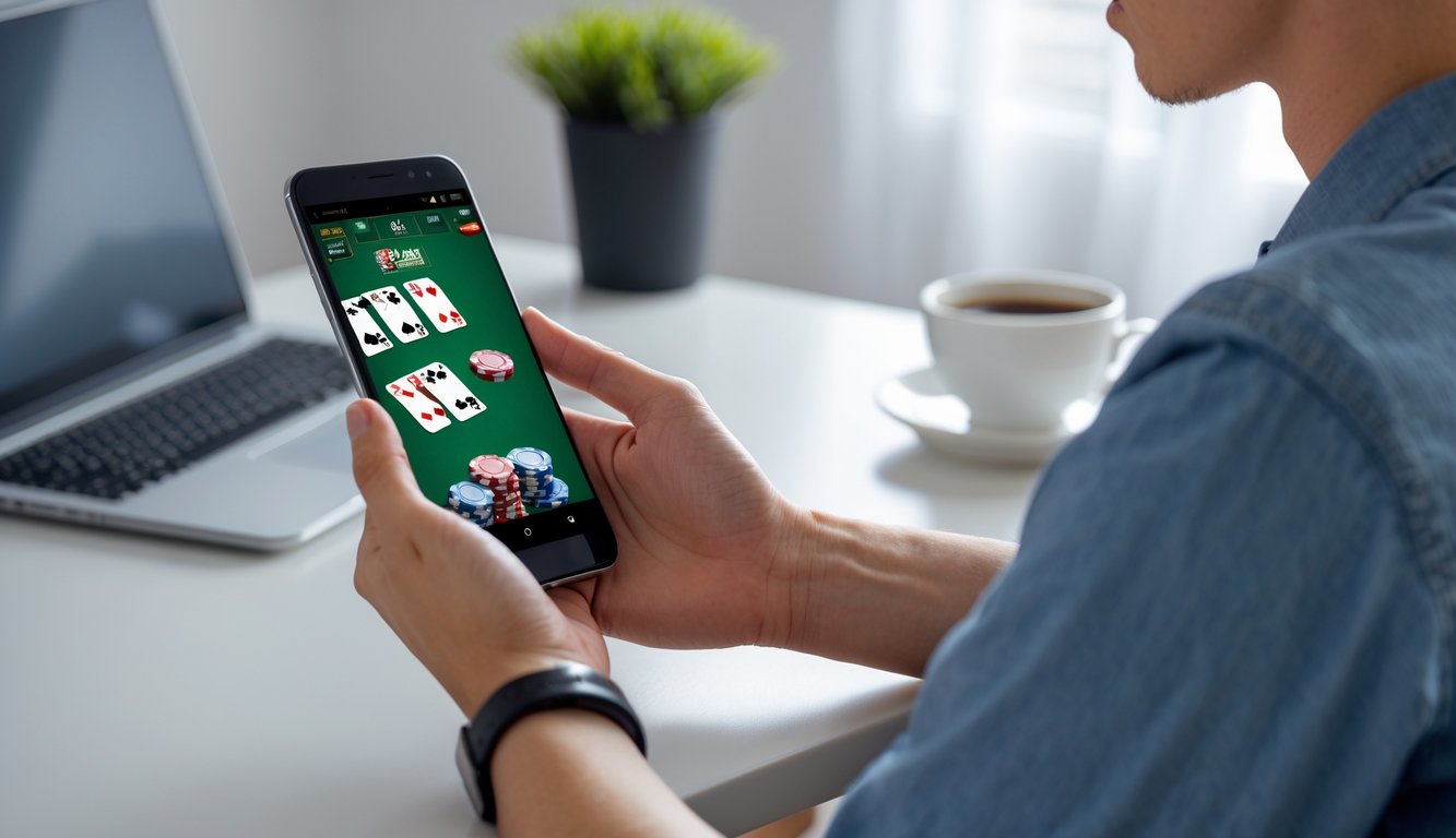 Seorang dewasa muda menggunakan ponsel Android untuk bermain poker online di meja dengan laptop dan kopi di dekatnya.