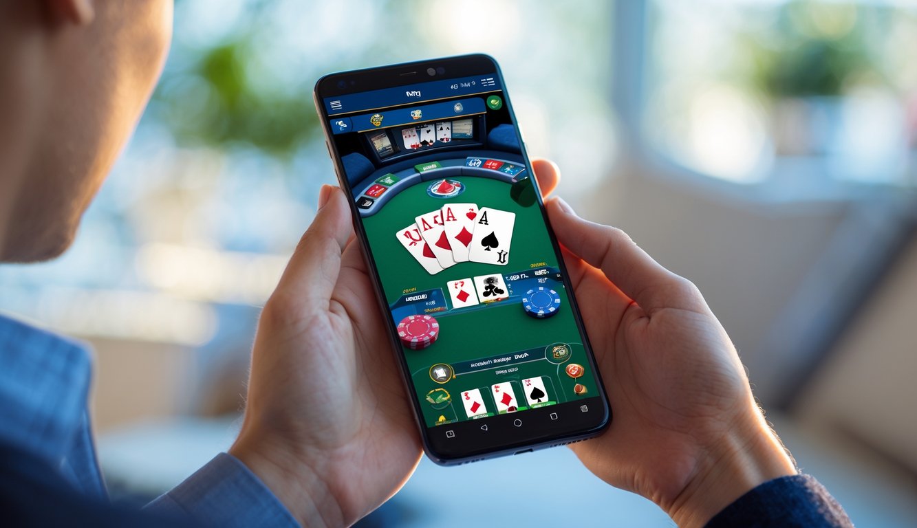 Seseorang memegang ponsel Android yang menampilkan permainan poker online dengan latar belakang ruangan yang terang.
