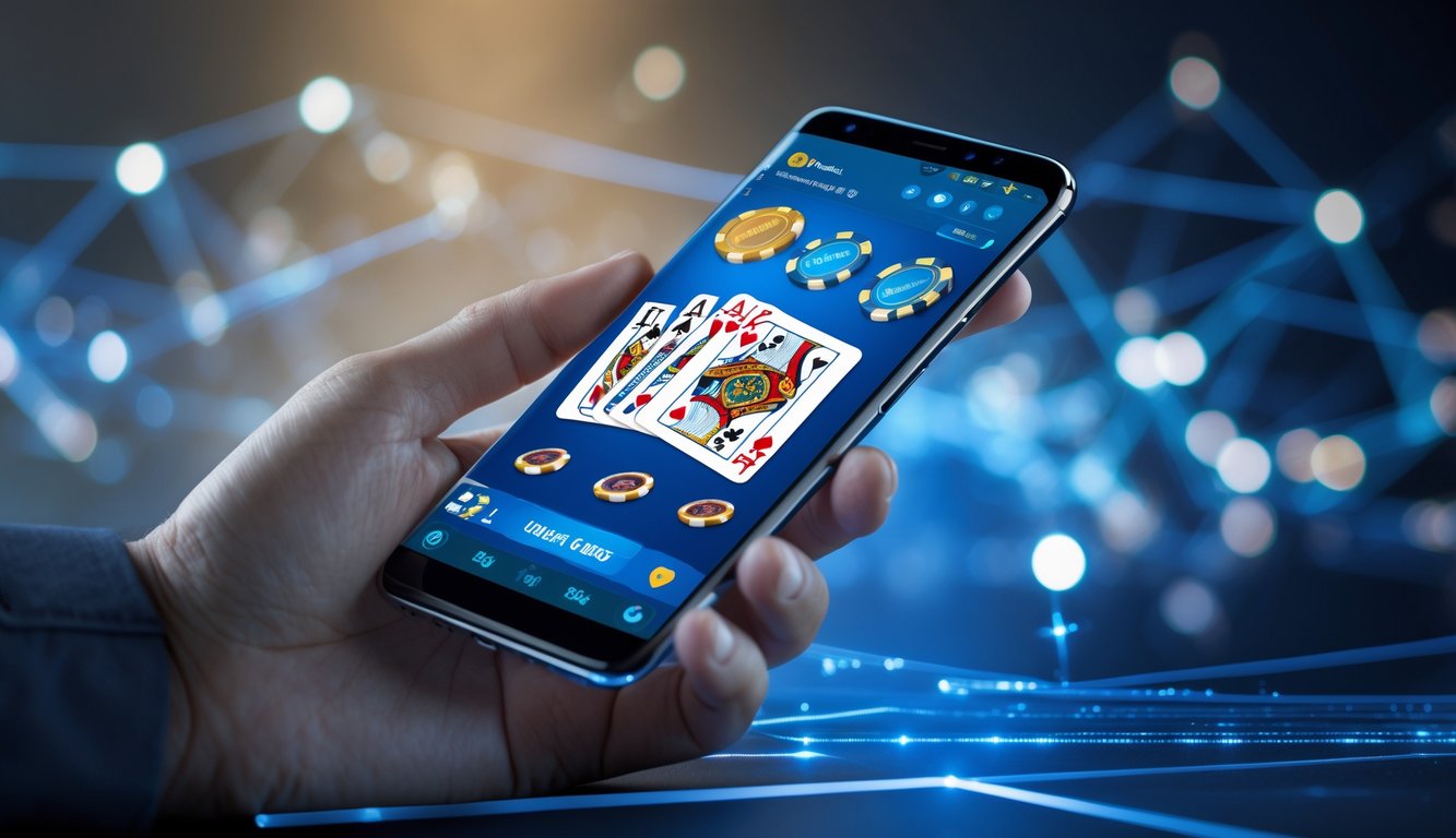 Seorang pengguna memegang ponsel yang menampilkan permainan poker online dengan kartu dan chip di layar.