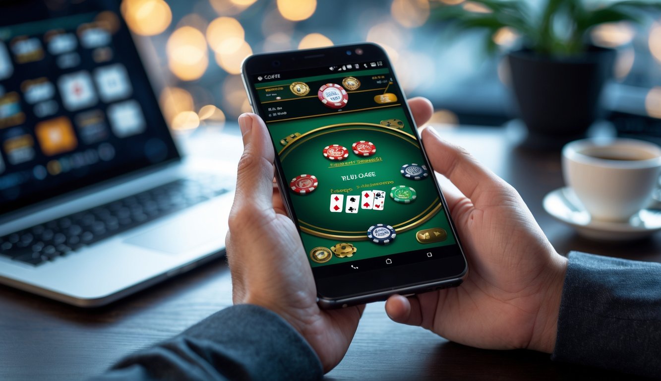 Seseorang memegang ponsel Android yang menampilkan permainan poker online dengan latar belakang kantor modern.
