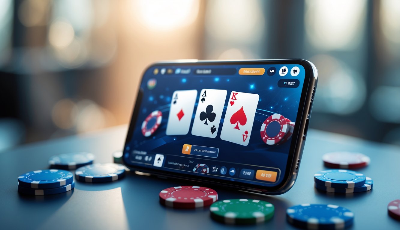 Sebuah ponsel Android menampilkan aplikasi poker online dengan antarmuka permainan yang jelas dan mudah digunakan.