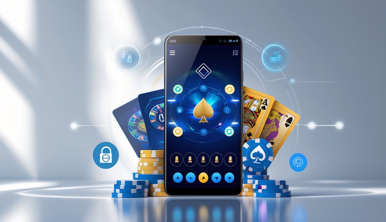 Sebuah ponsel Android menampilkan antarmuka platform poker online yang mudah digunakan dengan kartu dan chip poker di layar.