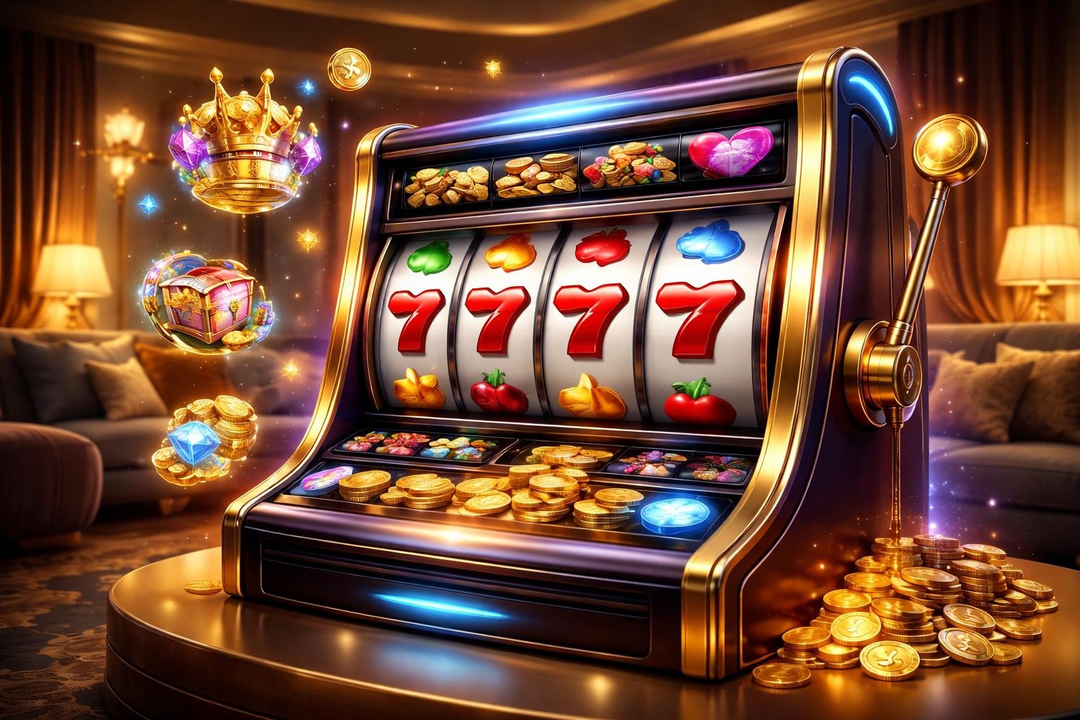 Sebuah mesin slot digital modern di ruang santai dengan pencahayaan hangat dan dekorasi mewah, menampilkan simbol-simbol slot berwarna cerah.