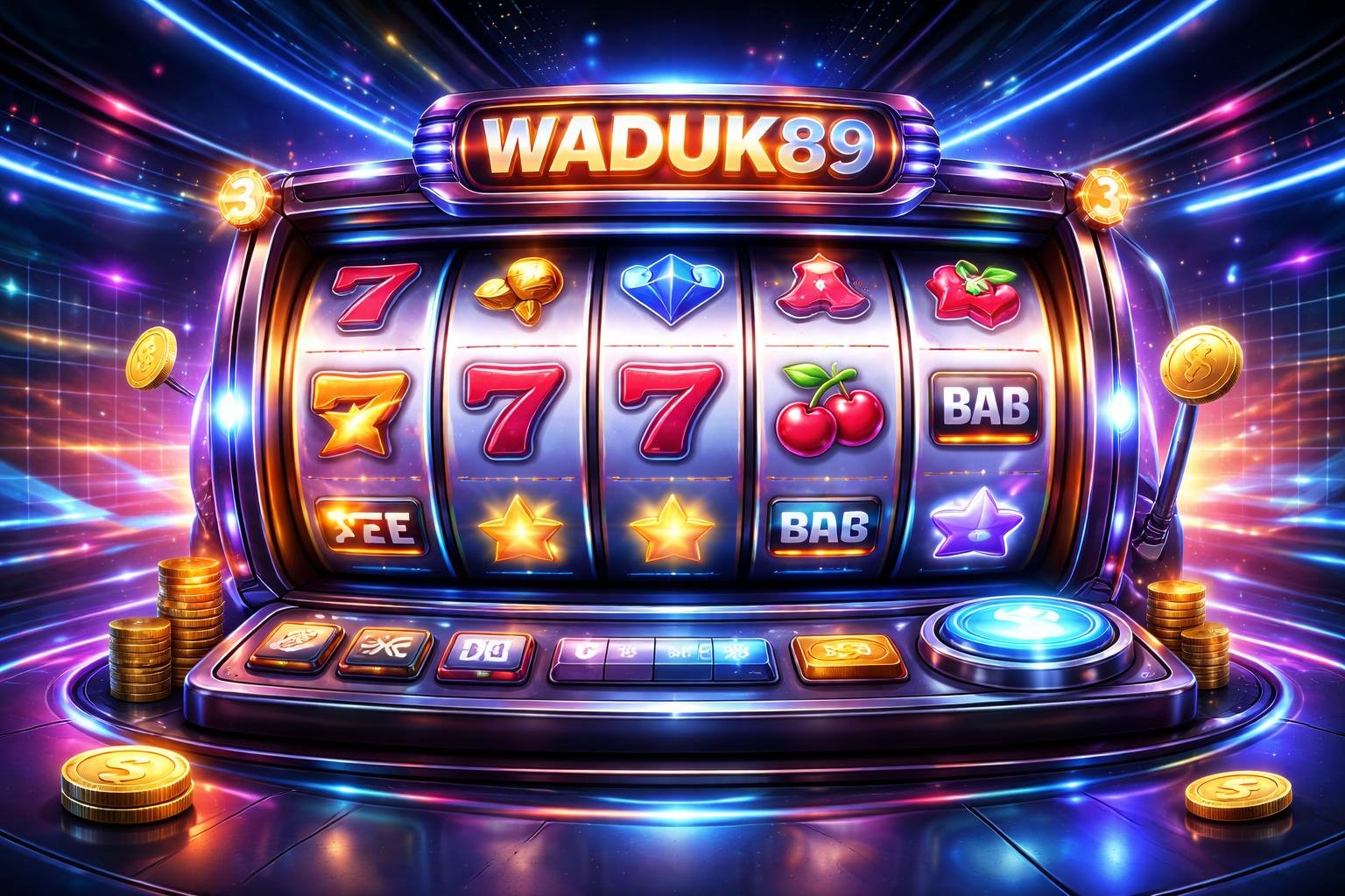 Tampilan mesin slot digital berwarna-warni di lingkungan kasino virtual yang futuristik dengan pencahayaan neon dan elemen logam mengkilap.