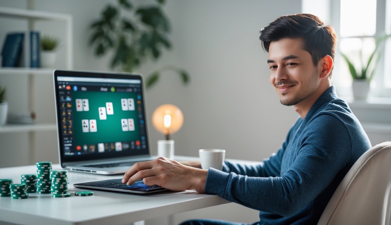 Seorang pria muda duduk di meja dengan ponsel Android bermain poker online, di meja terdapat laptop dan tumpukan chip poker.