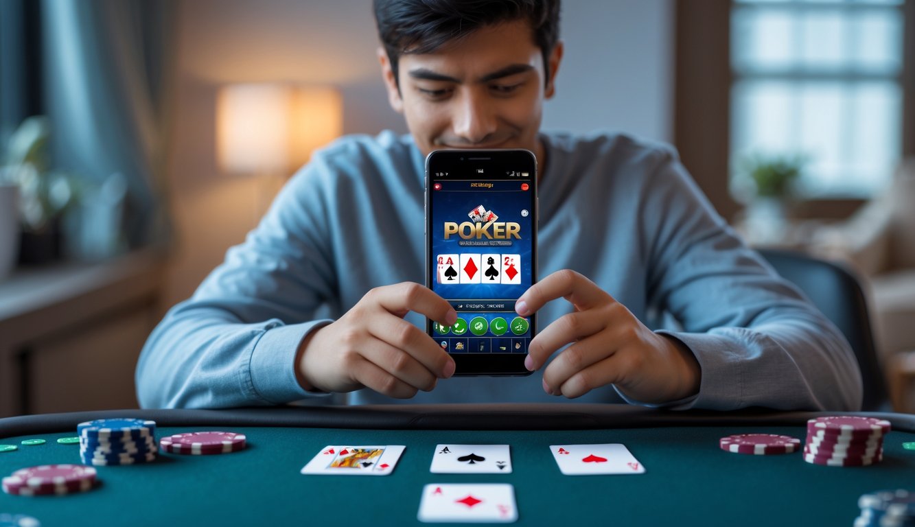 Seorang dewasa muda sedang menggunakan ponsel Android untuk bermain poker online di meja dengan chip dan kartu poker di sekitarnya.