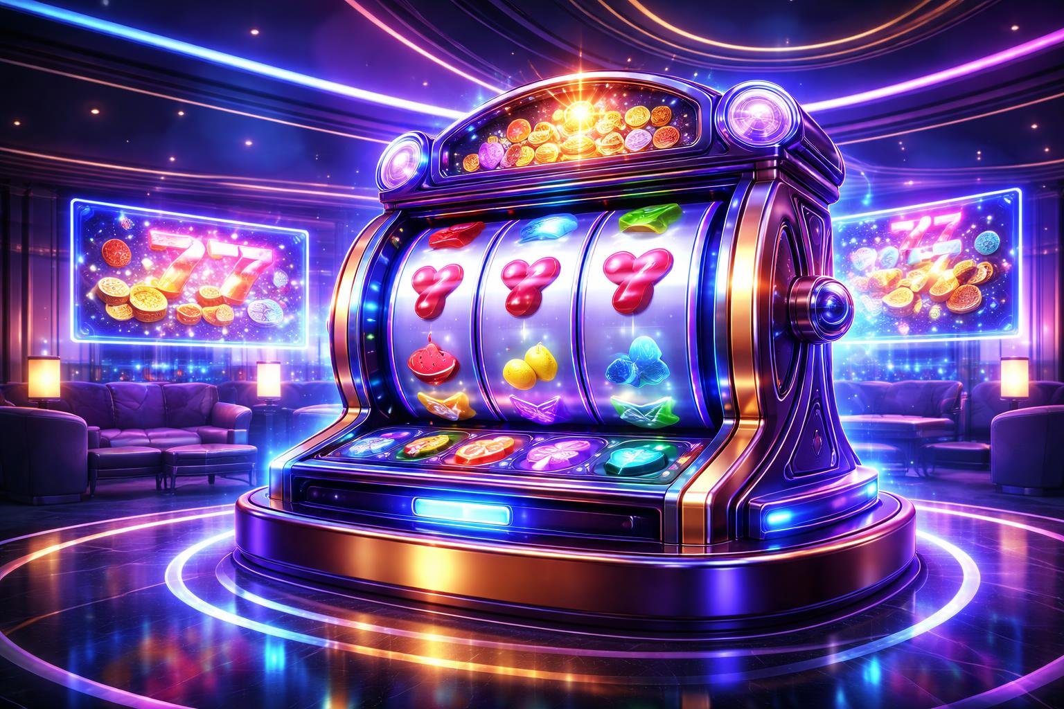 Suasana lounge kasino online dengan mesin slot modern yang menyala dan berputar di tengah ruangan yang nyaman dan mewah.