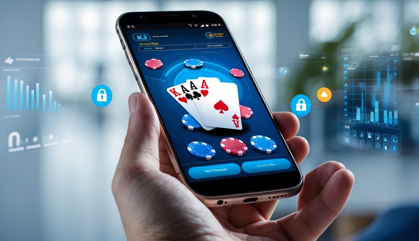 Seseorang memegang ponsel Android yang menampilkan permainan poker online dengan chip dan kartu di layar.