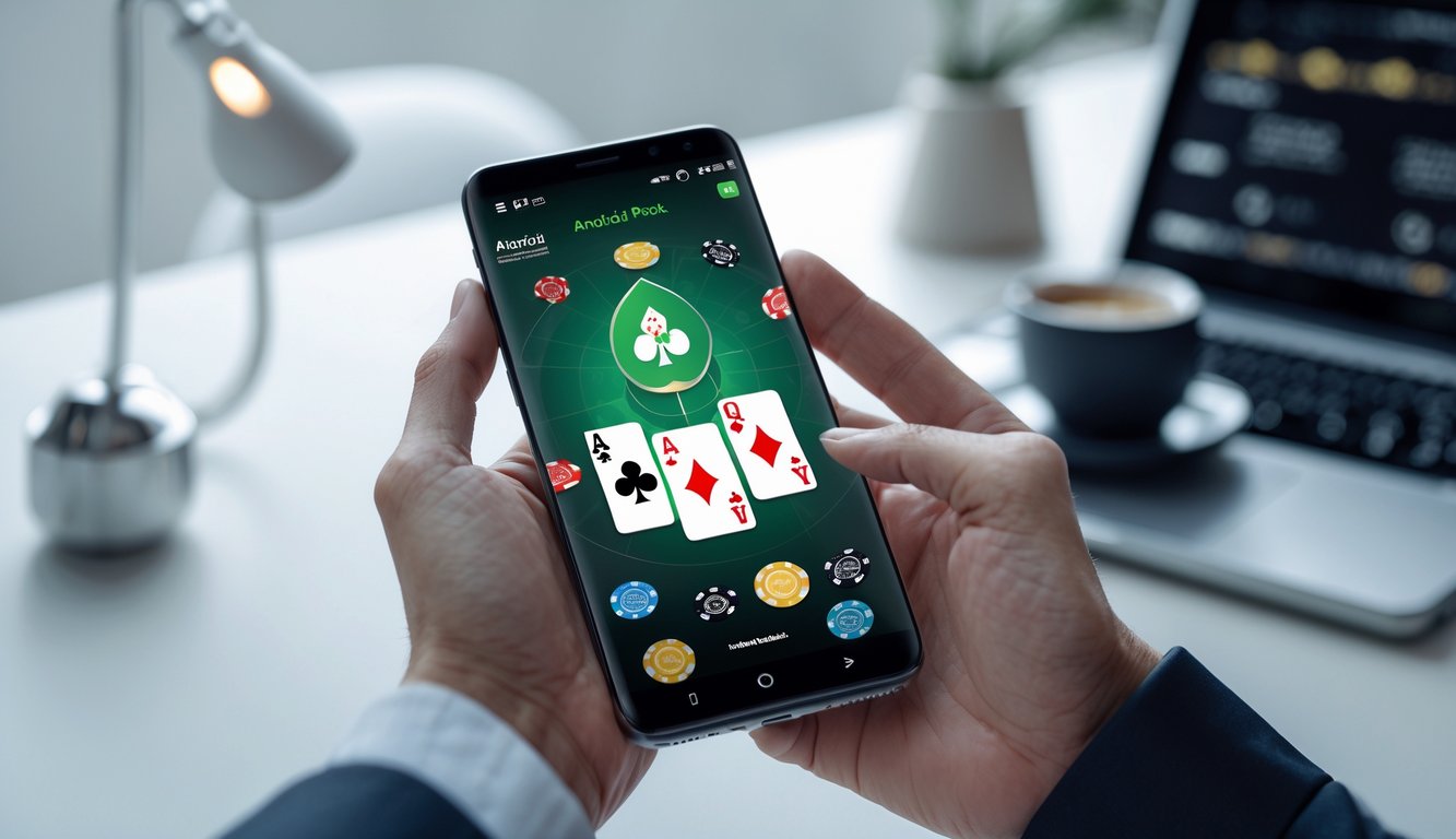 Seseorang memegang smartphone yang menampilkan aplikasi poker online dengan kartu dan chip di layar, di atas meja kerja minimalis dengan laptop dan cangkir kopi.