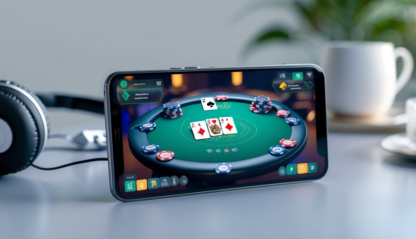 Smartphone Android menampilkan permainan poker online dengan antarmuka yang mudah digunakan dan fitur auto play.