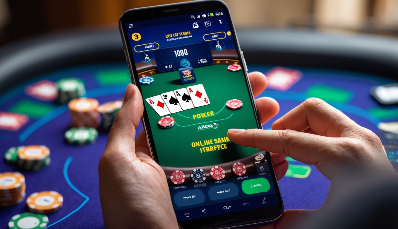 Seseorang menggunakan ponsel pintar dengan tampilan permainan poker online di layar.