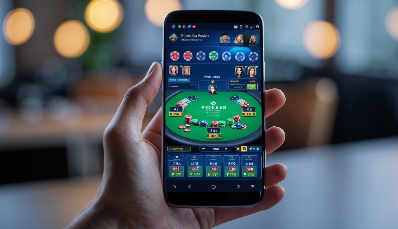 Seseorang memegang ponsel Android yang menampilkan permainan poker online dengan beberapa meja dan level pemain yang berbeda.
