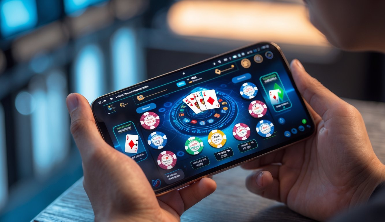 Seorang pengguna memegang ponsel Android yang menampilkan platform poker online dengan berbagai meja dan level pemain.