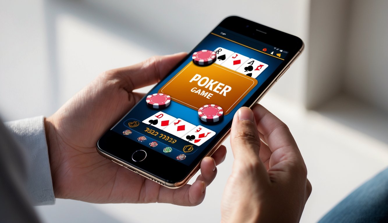 Seseorang memegang smartphone yang menampilkan permainan poker online dengan kartu dan chip di layar.