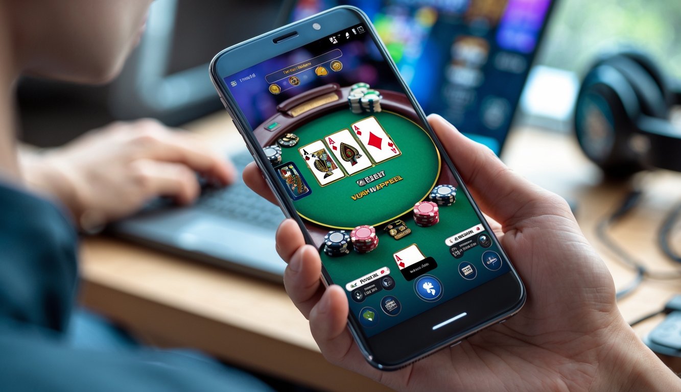 Seseorang memegang ponsel Android yang menampilkan permainan poker di layar dengan latar belakang kabur.