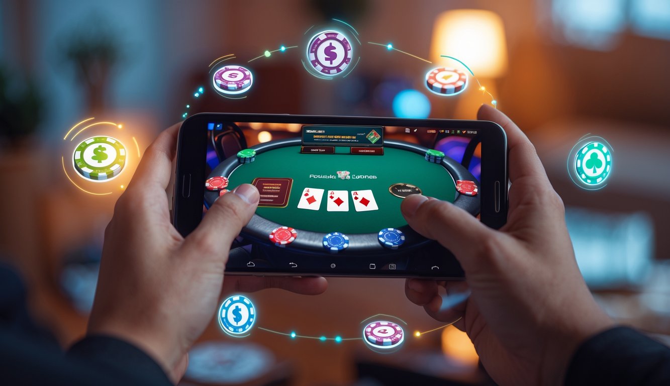 Seseorang memegang ponsel Android yang menampilkan permainan poker online dengan chip dan kartu di layar.