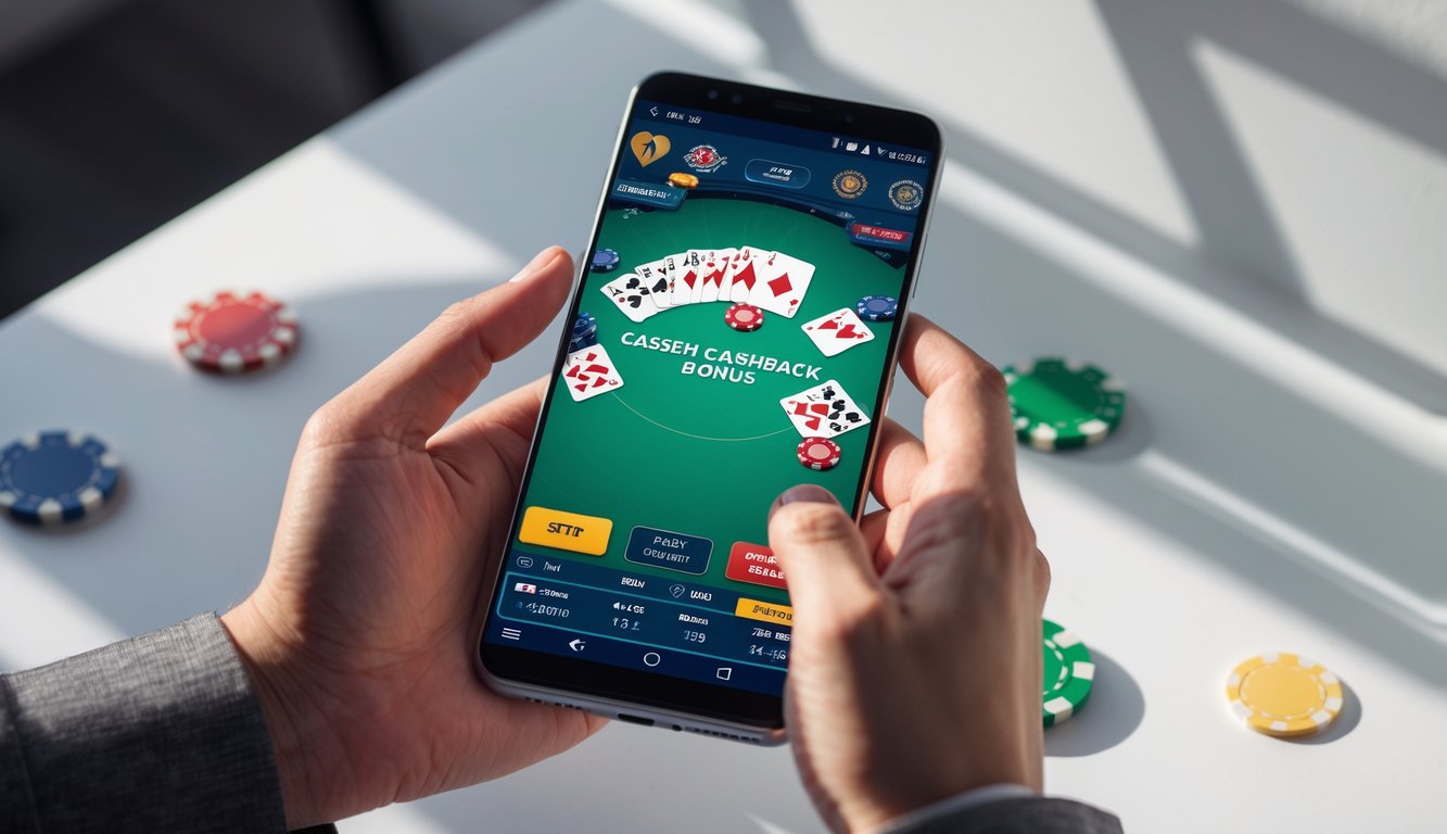 Seseorang memegang ponsel Android yang menampilkan permainan poker online dengan latar belakang meja kerja dan beberapa chip poker.