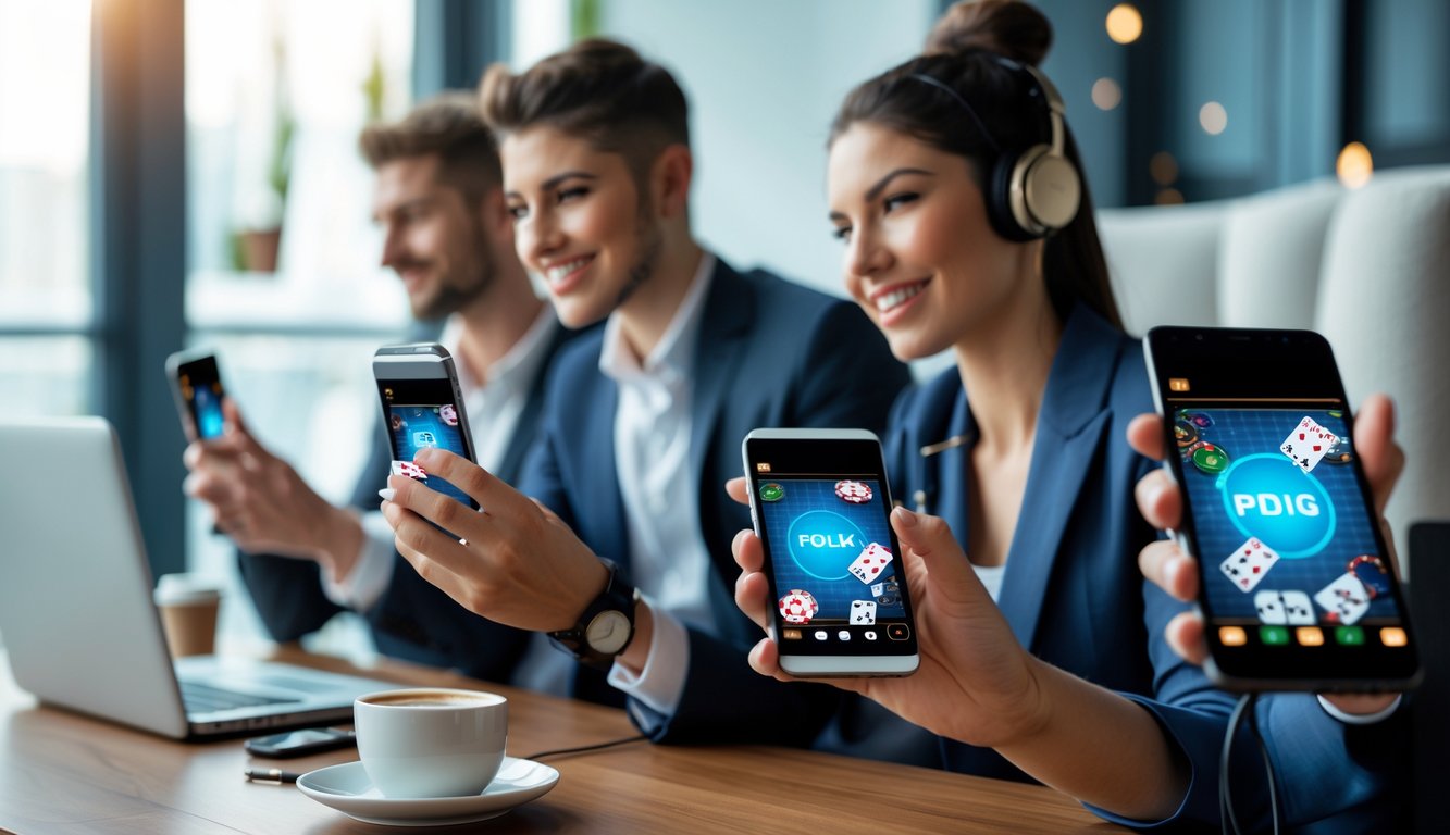 Beberapa orang sedang bermain poker online menggunakan ponsel Android di ruangan yang nyaman.