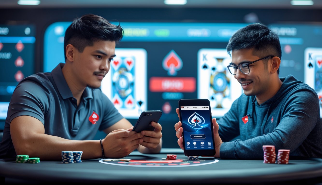 Dua orang bermain poker online menggunakan perangkat Android di meja modern, satu terlihat percaya diri dan satu lagi sedang belajar.
