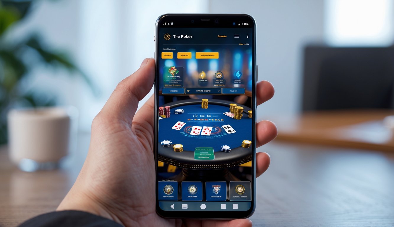 Sebuah ponsel Android menampilkan permainan poker online dengan tampilan permainan yang realistis dan chip poker di meja virtual.
