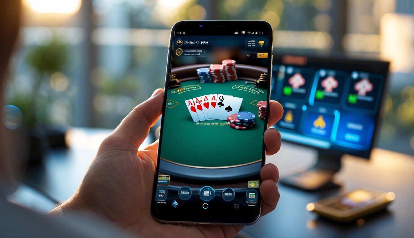 Seseorang memegang ponsel Android yang menampilkan permainan poker online dengan kartu dan chip di layar.