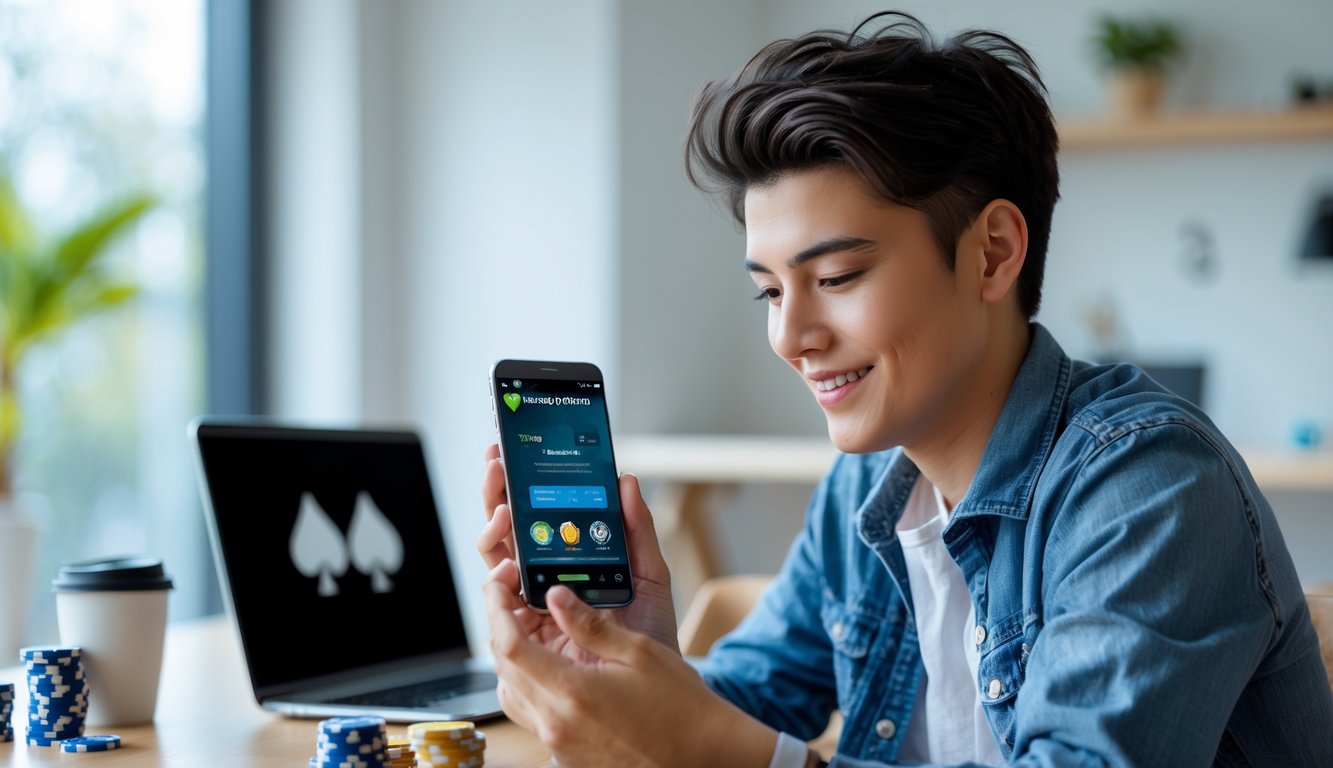 Seseorang menggunakan ponsel Android di meja kerja dengan laptop dan chip poker di sekitar, tampak santai dan fokus.