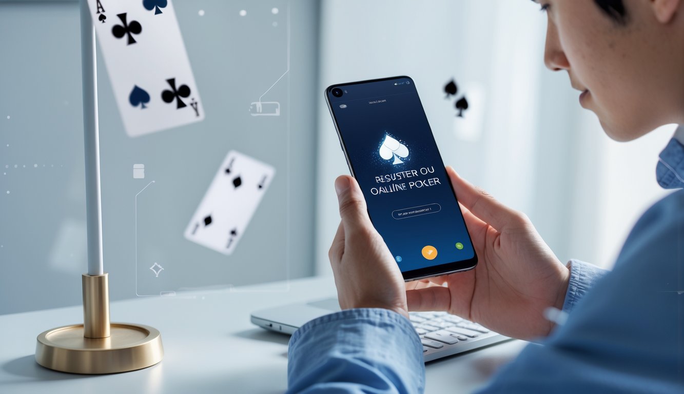 Seorang dewasa muda menggunakan ponsel Android untuk mendaftar di platform poker online dengan latar belakang meja bersih dan pencahayaan alami.