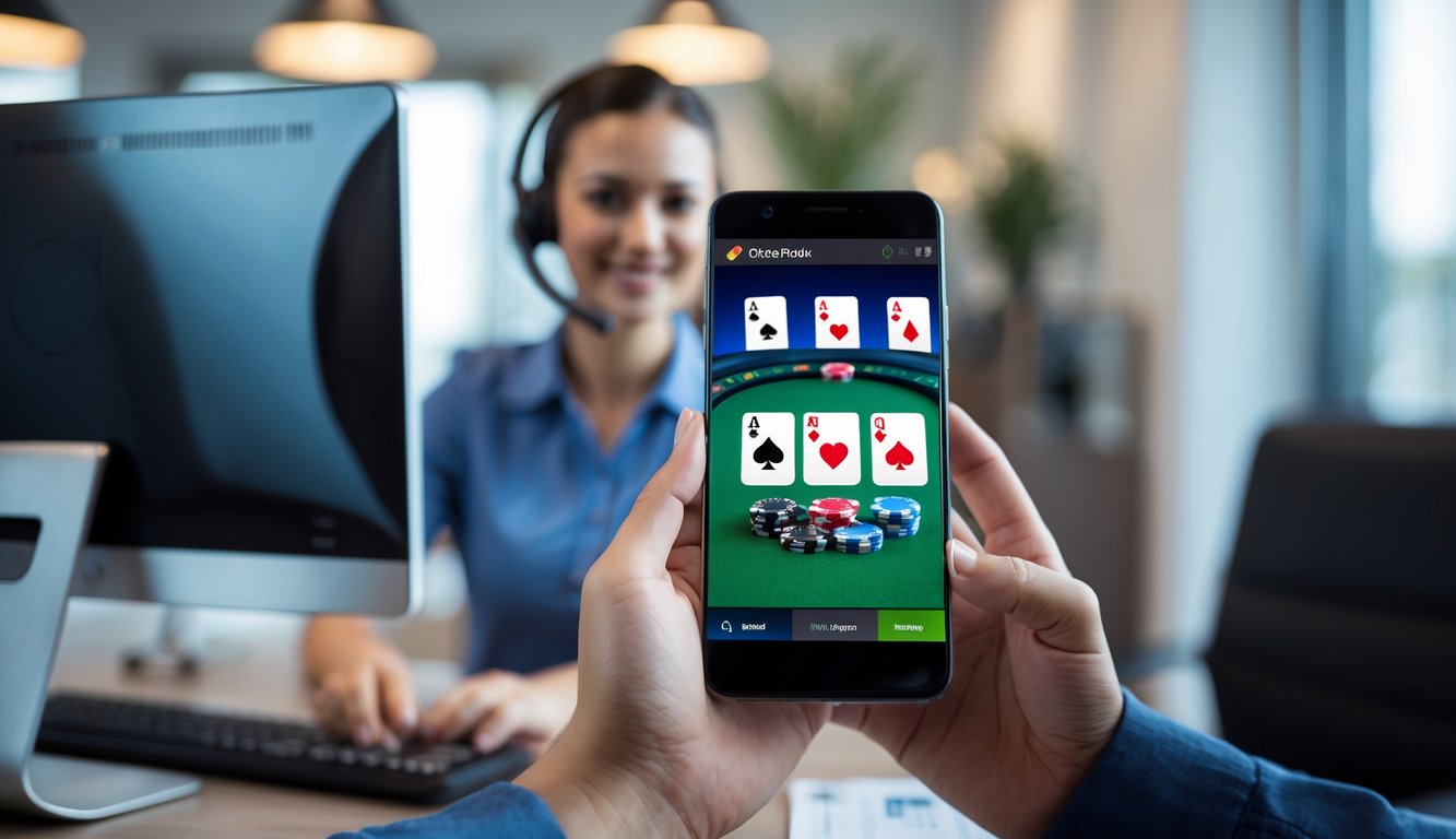 Seorang pengguna memegang ponsel yang menampilkan permainan poker online, dengan seorang petugas layanan pelanggan yang tersenyum di latar belakang.