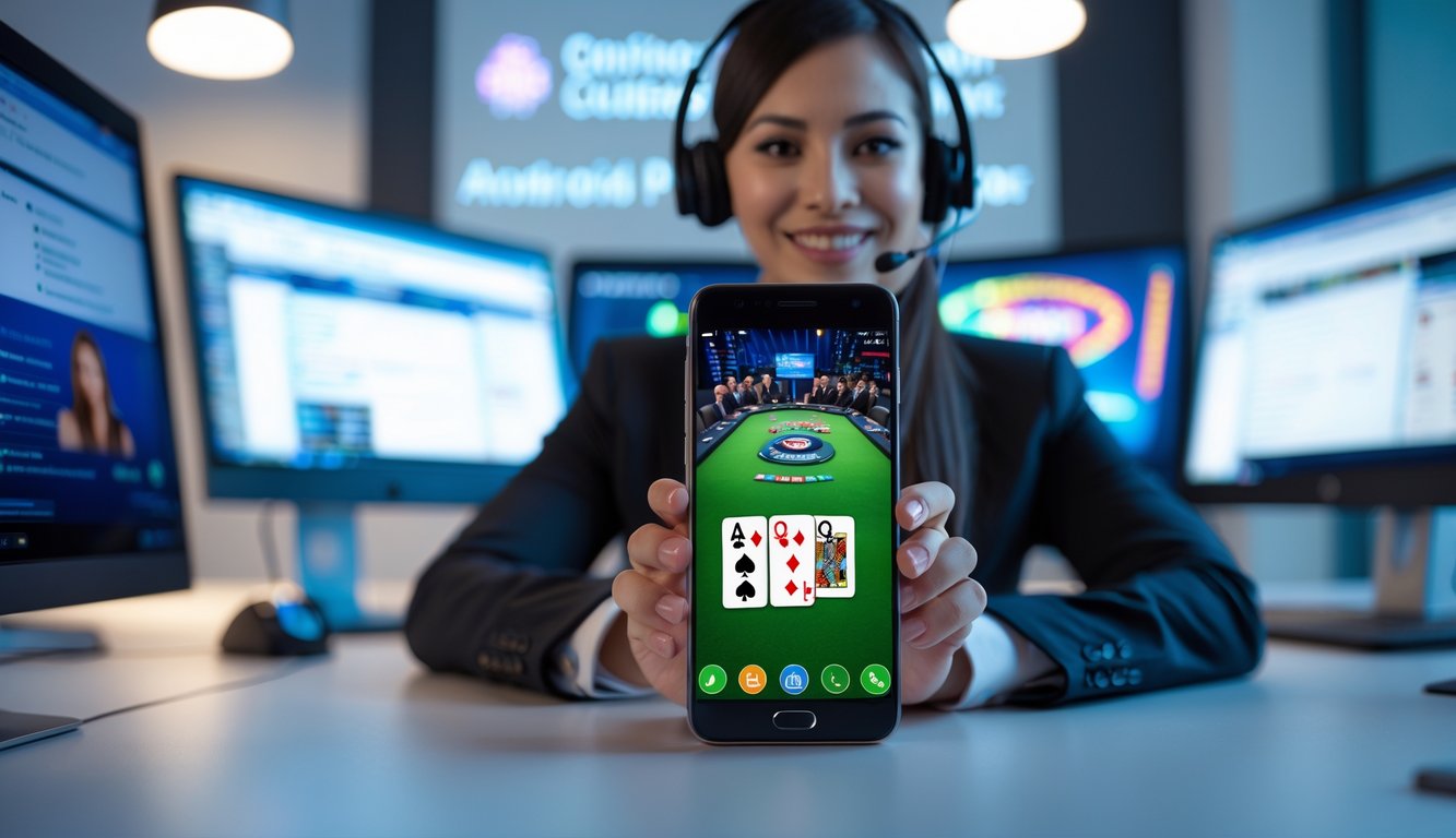 Seorang petugas layanan pelanggan dengan headset sedang bekerja di depan komputer, dengan ponsel yang menampilkan permainan poker online di meja kerja.