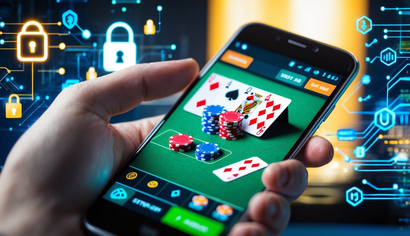 Seseorang memegang ponsel Android yang menampilkan permainan poker online dengan latar belakang simbol keamanan digital.
