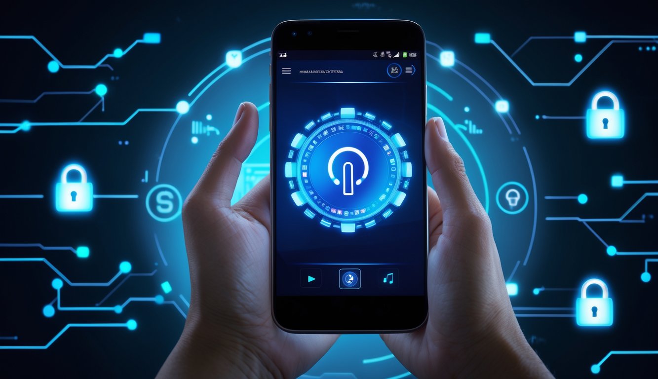 Sebuah ponsel modern menampilkan permainan poker online dengan ikon kunci digital dan simbol enkripsi di sekitarnya, menunjukkan keamanan sistem pada platform poker Android.