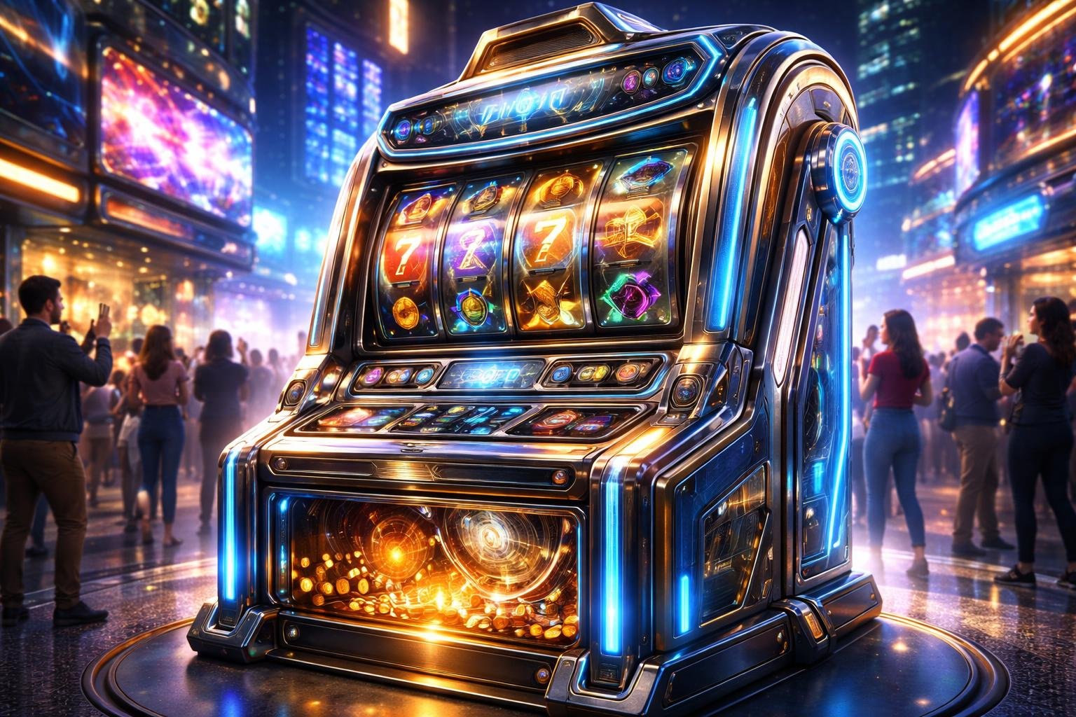 Sebuah mesin slot futuristik dengan lampu neon biru dan emas di lingkungan kota yang ramai dengan orang-orang dari berbagai latar belakang.