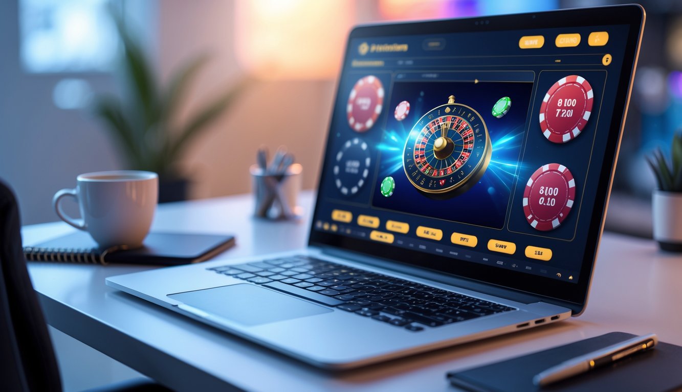 Sebuah laptop di atas meja menampilkan permainan kasino langsung dengan kartu dan chip, dikelilingi oleh secangkir kopi dan alat tulis.