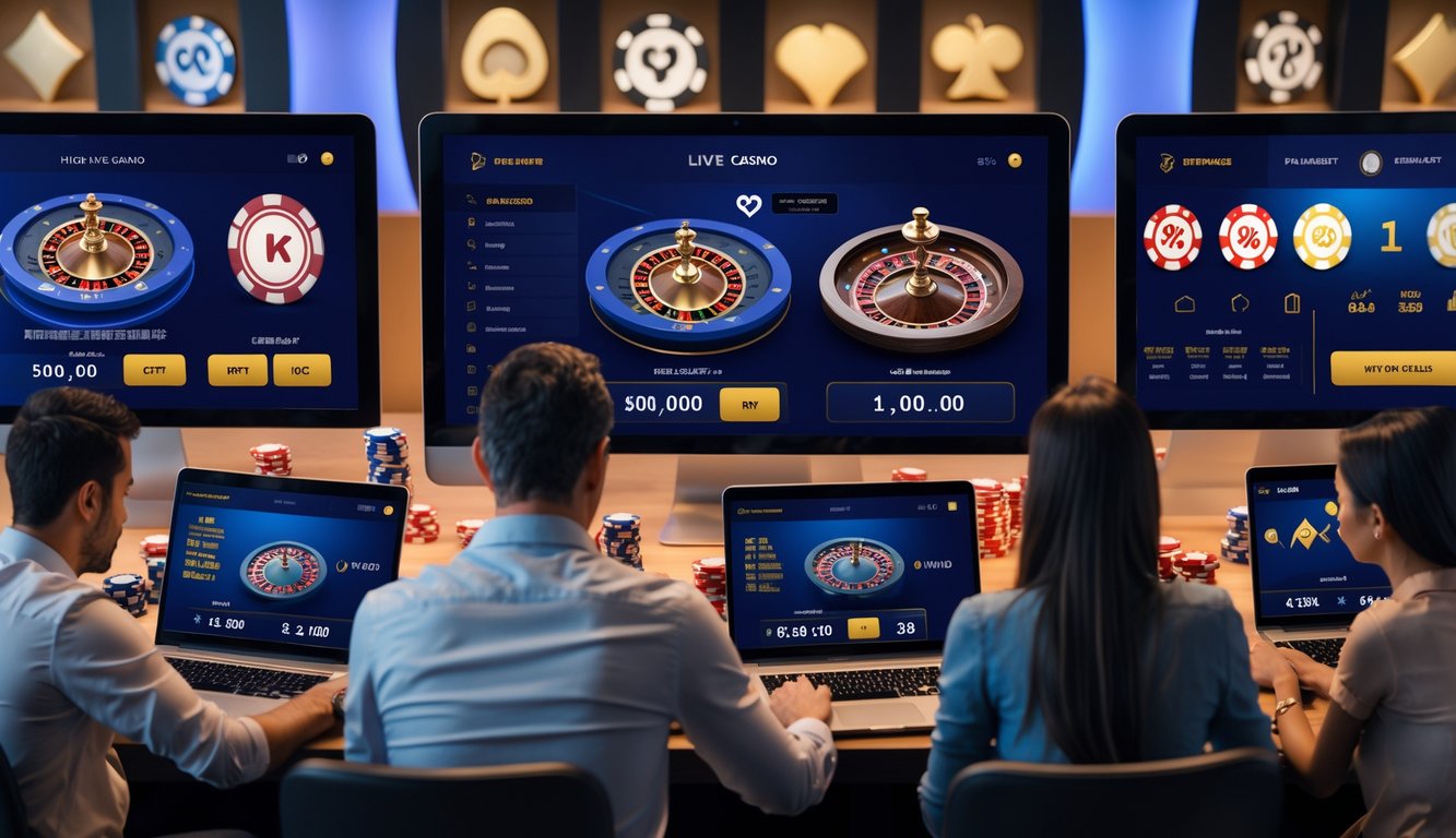 Sejumlah orang menggunakan perangkat digital untuk bermain permainan kasino langsung dengan tampilan statistik dan grafik di layar dalam ruangan modern.