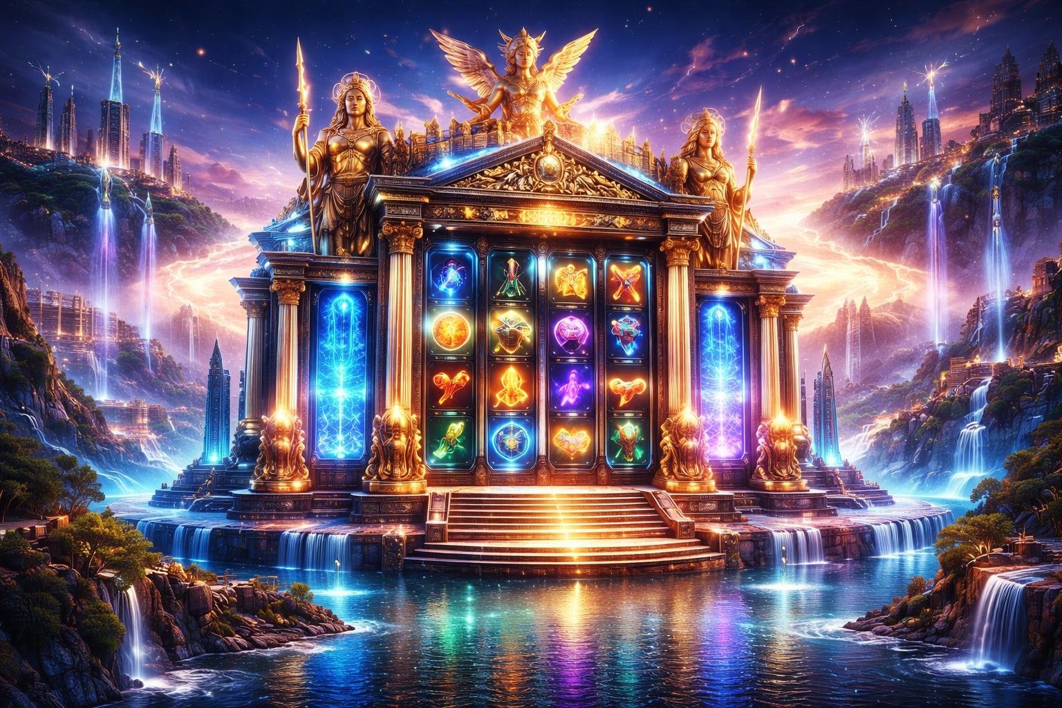 Pemandangan sebuah kuil kuno di puncak gunung dengan patung-patung dewa Yunani dan latar kota futuristik di tahun 2026, di atas waduk yang jernih.