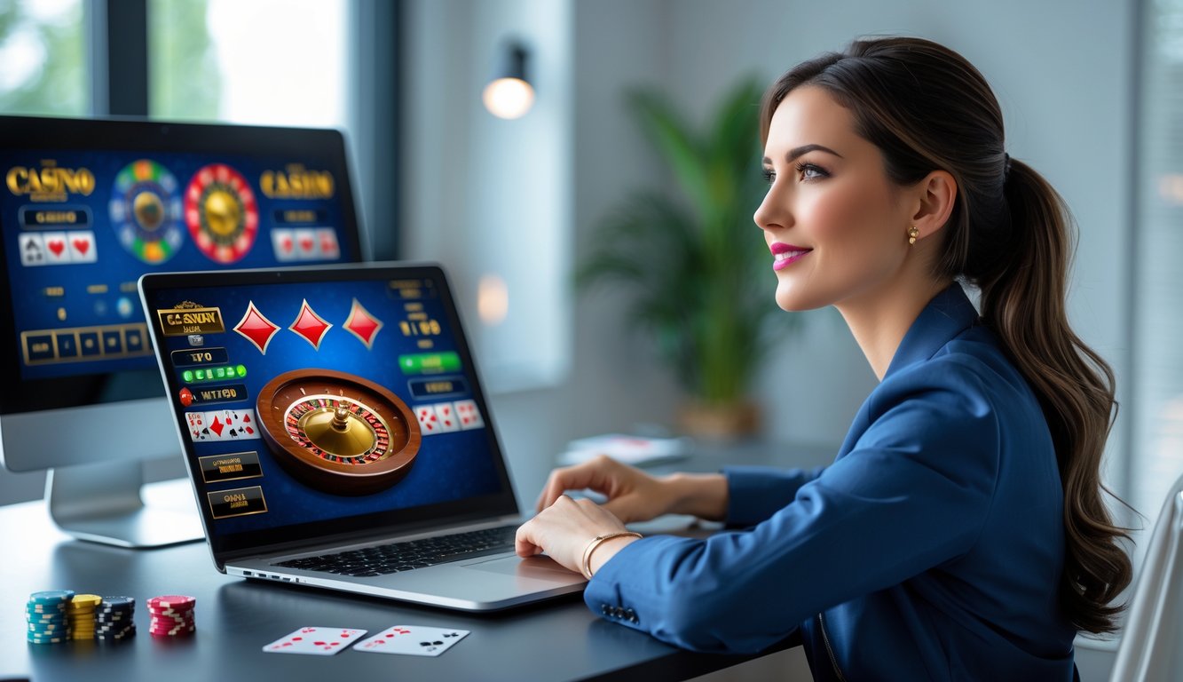 Seorang wanita muda duduk di meja dengan laptop yang menampilkan permainan kasino langsung, dengan kartu dan chip poker di sekitarnya.
