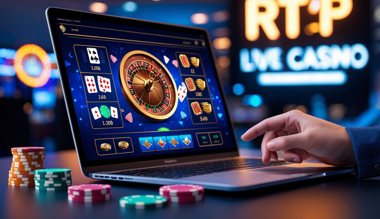 Seseorang menggunakan laptop dengan tampilan permainan live casino online yang menampilkan roda roulette dan kartu bermain.