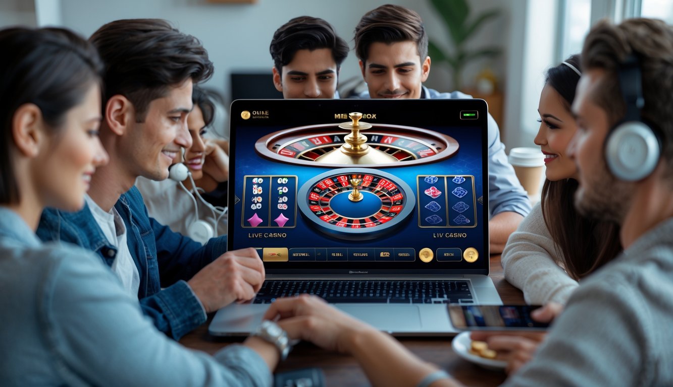 Beberapa orang muda menggunakan komputer untuk bermain permainan kasino langsung online di rumah yang nyaman.