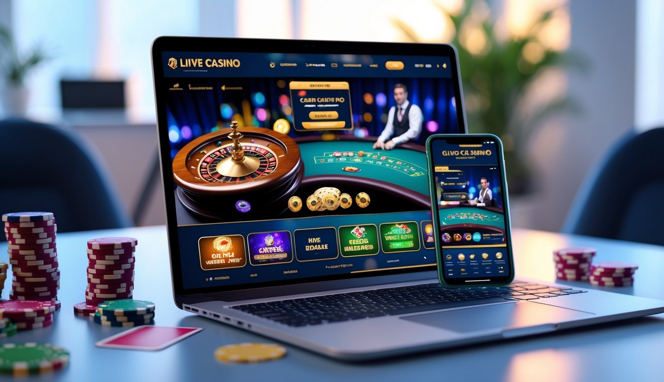 Seorang pemain menggunakan laptop dan ponsel untuk bermain kasino langsung online dengan tampilan permainan kasino yang jelas di layar.