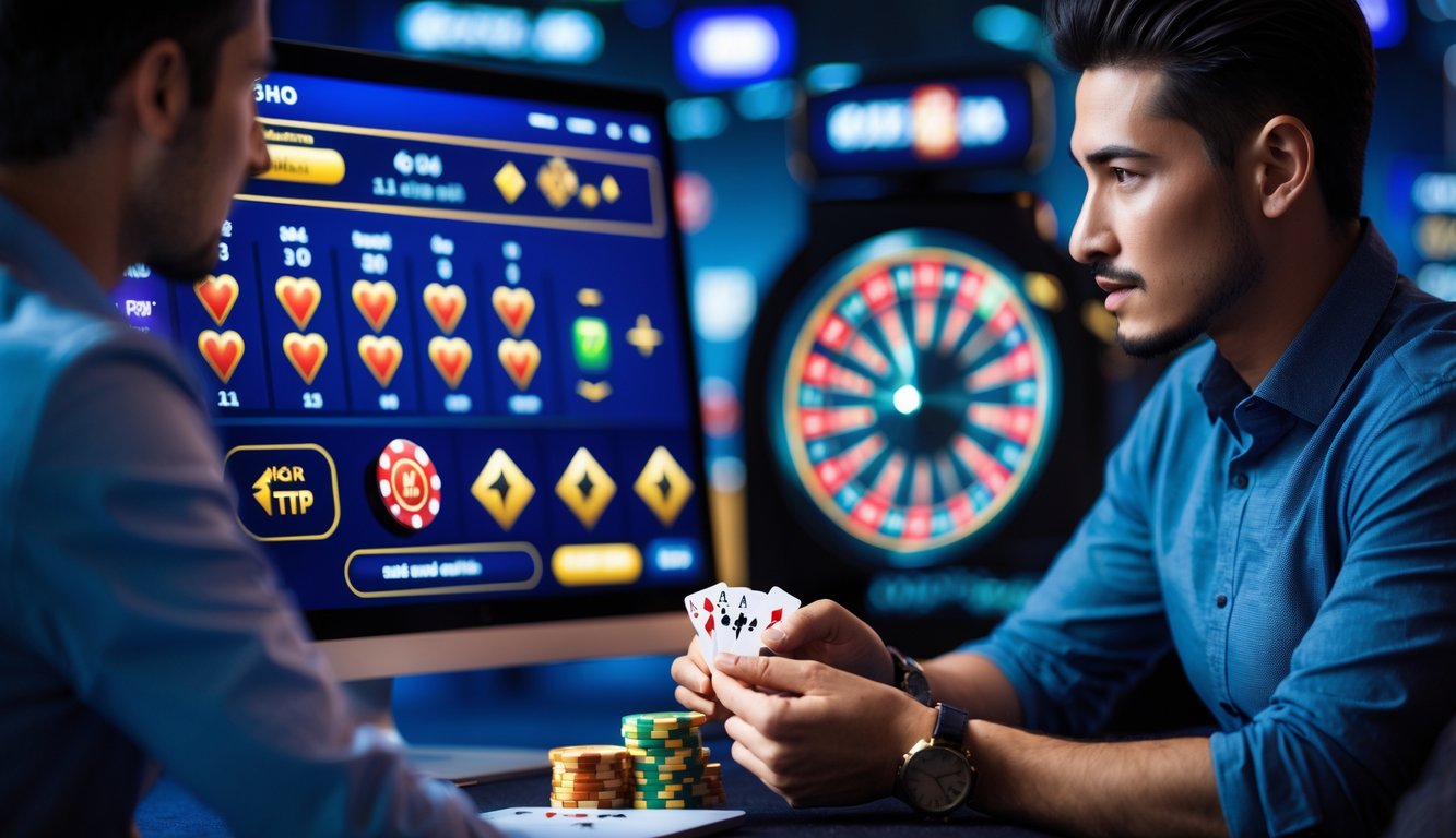 Seorang pemain profesional sedang fokus bermain di kasino online dengan layar komputer menampilkan permainan kasino langsung dan chip taruhan.