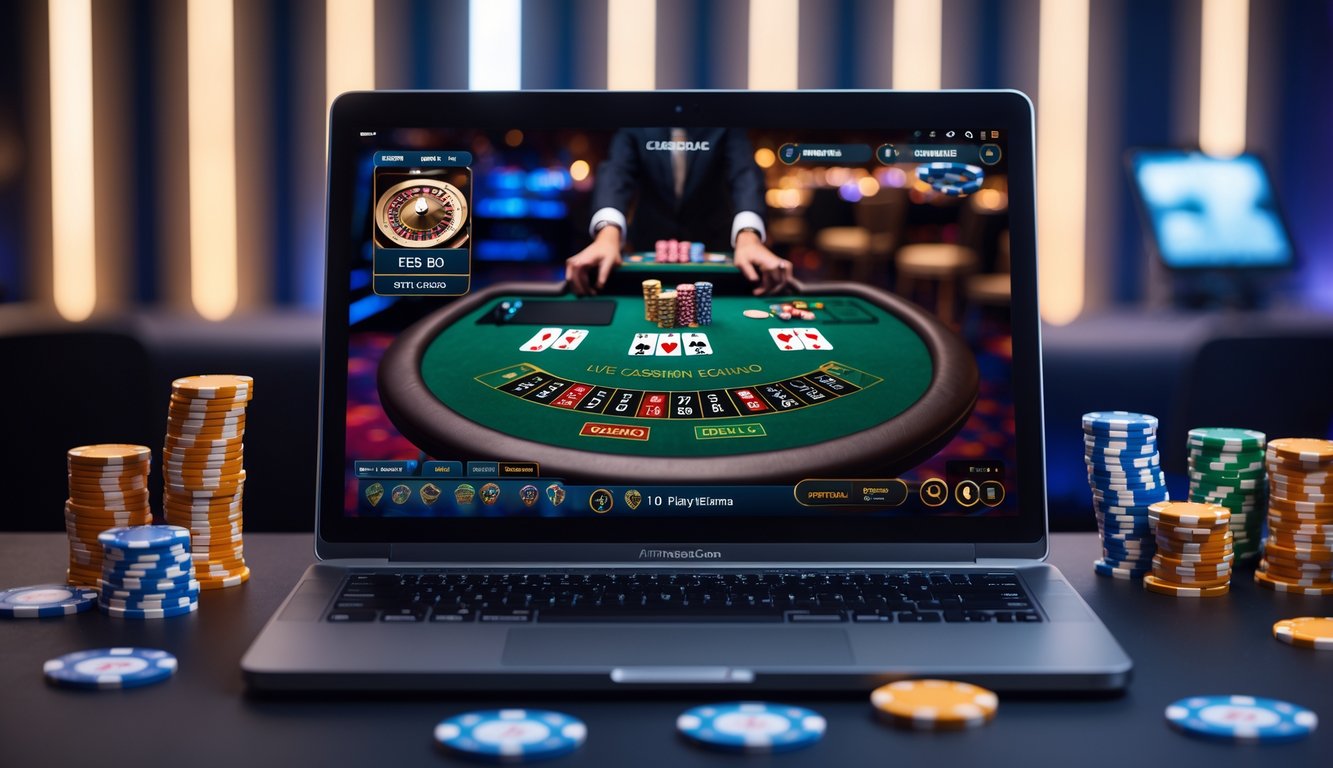 Seorang pemain sedang menggunakan komputer untuk bermain live casino online dengan dealer langsung dan chip kasino di meja.