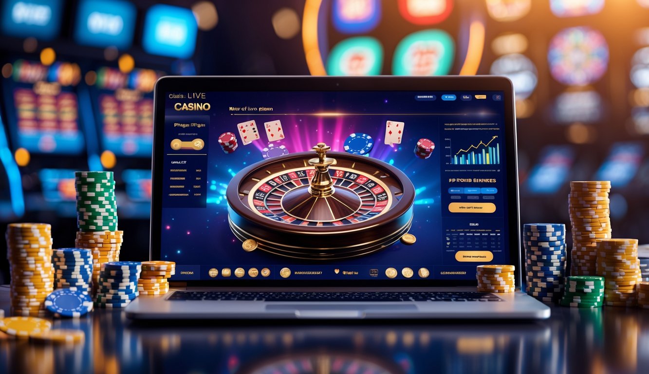 Seorang pemain menggunakan komputer dengan tampilan permainan kasino langsung online, dikelilingi chip poker dan grafik keuntungan.