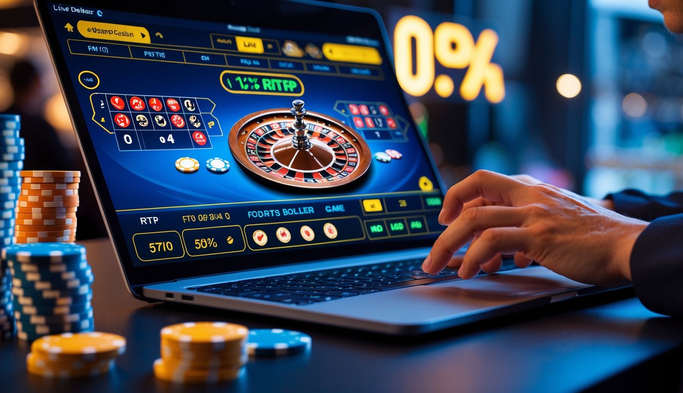 Seorang pemain sedang menggunakan laptop dengan tampilan permainan live casino online, dikelilingi chip kasino dan simbol persentase RTP tinggi.
