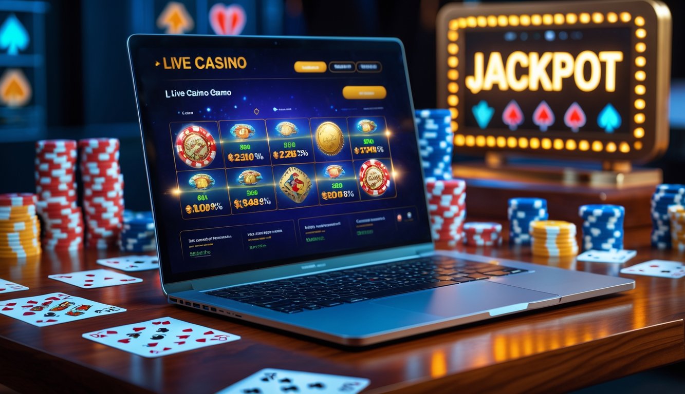 Sebuah laptop dan smartphone menampilkan platform kasino online dengan elemen kasino seperti chip poker dan kartu di atas meja kayu.