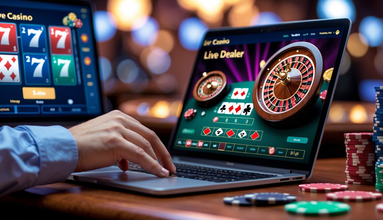 Seseorang sedang bermain permainan kasino langsung secara online menggunakan komputer dengan tampilan kartu, roda roulette, dan chip di layar.