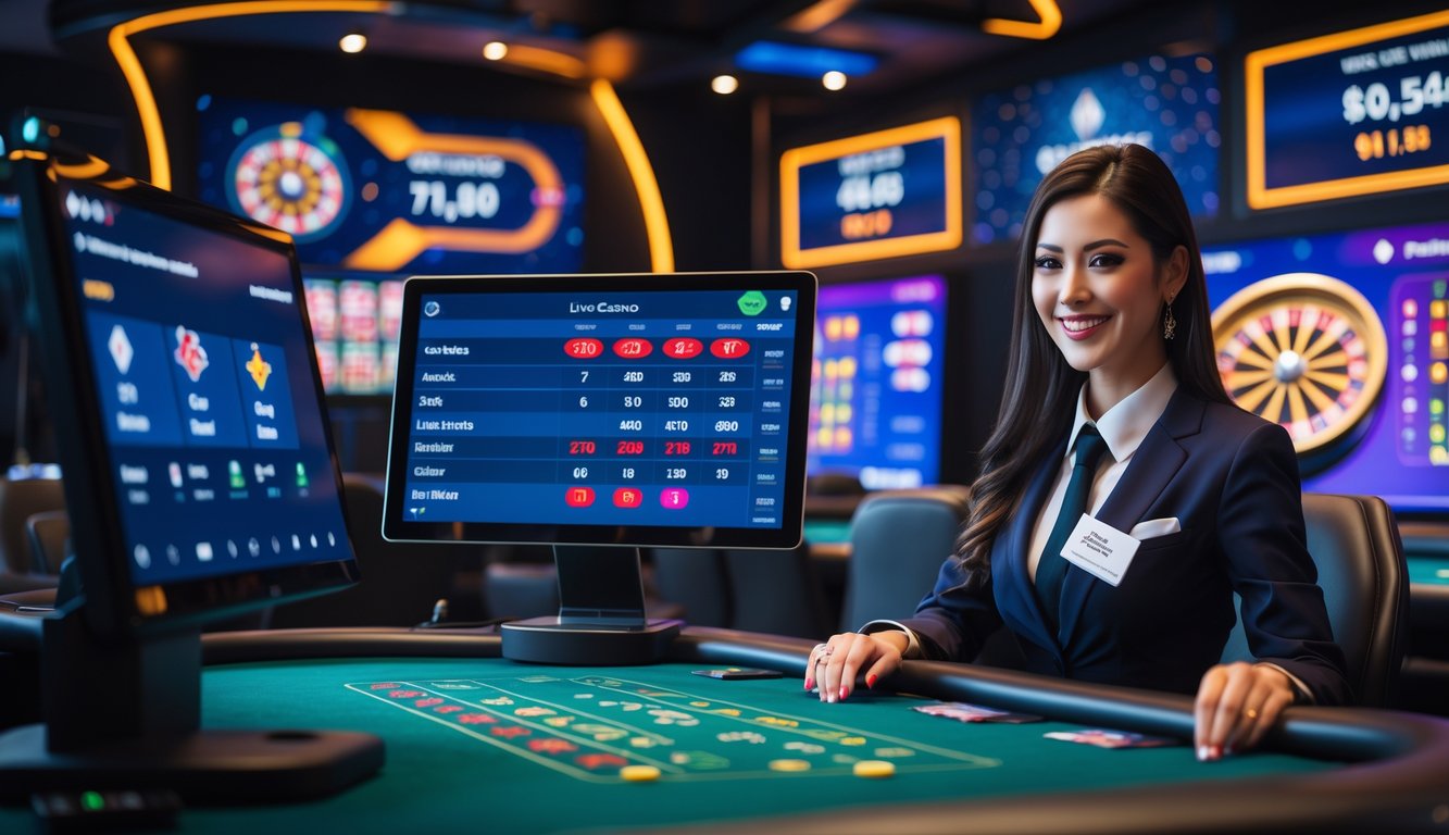 Seorang dealer kasino langsung sedang bekerja di studio kasino modern dengan layar yang menampilkan statistik permainan dan persentase RTP.