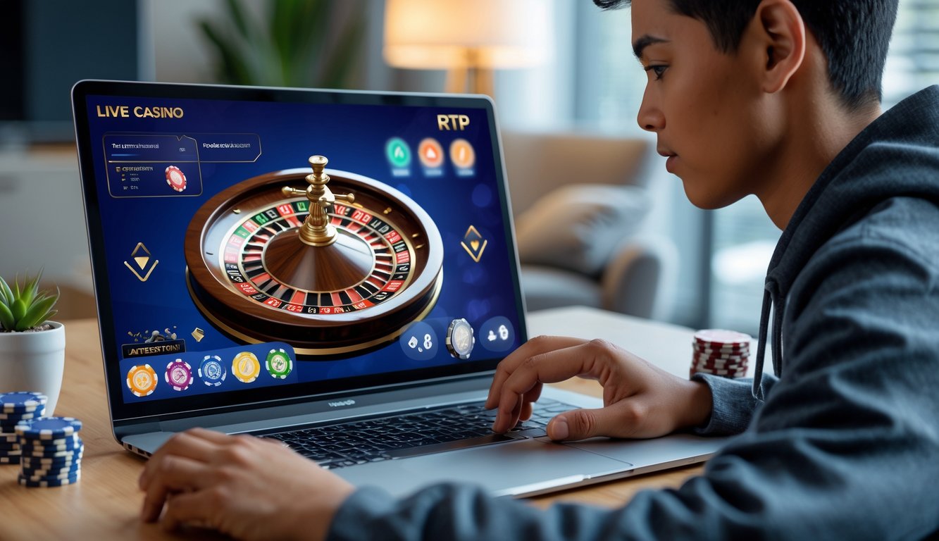 Seseorang sedang bermain permainan kasino langsung online di laptop di rumah dengan suasana nyaman dan fokus.